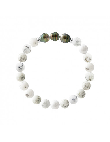 Bracelet 3 Perles de Tahiti Cerclées en Howlite Blanche - Argent 925 - TAENGA