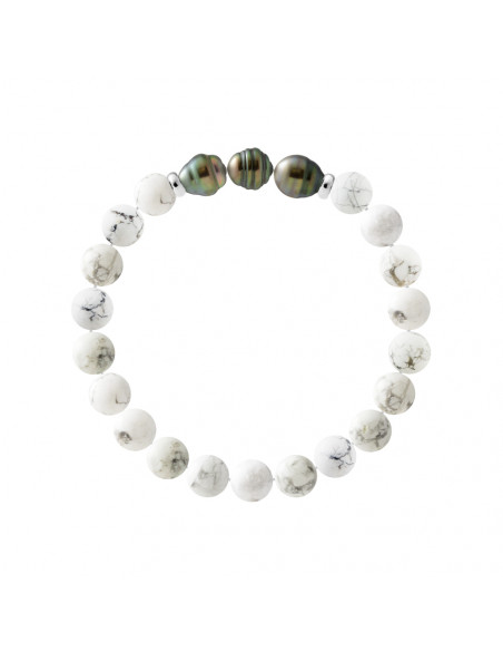 Bracelet 3 Perles de Tahiti Cerclées en Howlite Blanche - Argent 925 - TAENGA