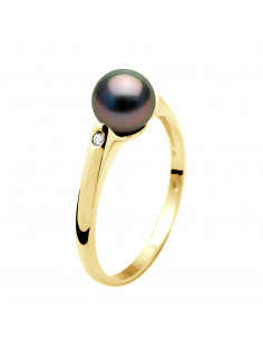 Golden Jewelry Ring, Diamonds and Tahitian Beads Round 7 mm - Rakenao
