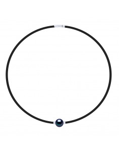 Bracelet Néoprène et Véritable Perle de Tahiti Cerclée Viroles Gravées Argent