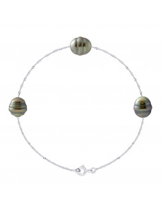 Bracelet Chaîne en Or avec 3 Perles de Tahiti Cerclées 9 mm - RAPANO