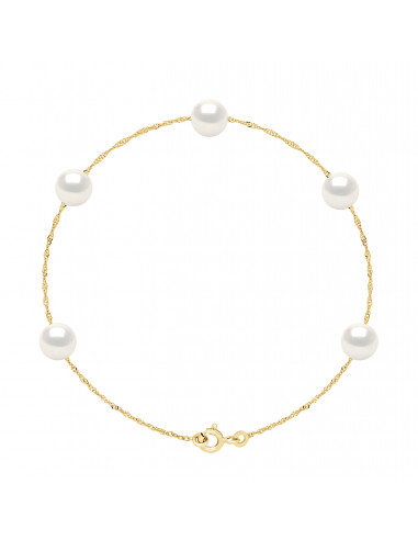 Bracelet Chaîne en Or Jaune ou en Or Blanc avec 5 Perles Rondes 7 mm - AGNES