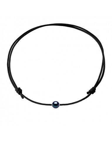 Bracelet Manchons Argent Massif et Véritable Perle Noire Cordon Tabac
