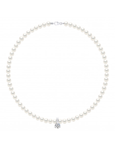Collier Rang de Perles avec Solitaire Oxyde de Zirconium en Argent 925 - OCEANE