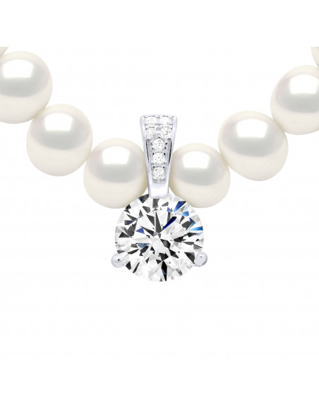 Collier Rang de Perles avec Solitaire Oxyde de Zirconium en Argent 925 - OCEANE