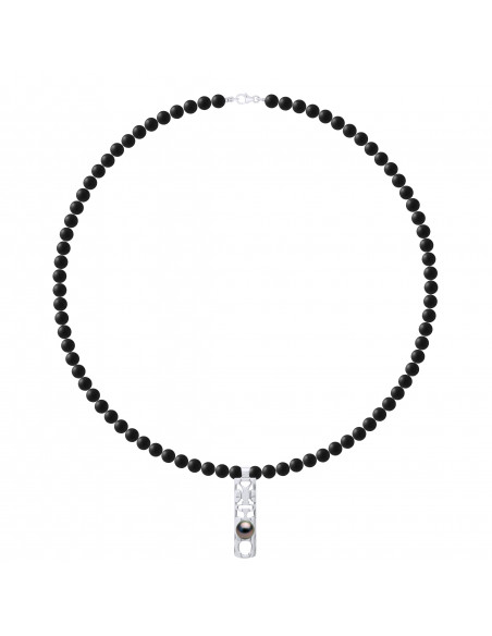 Collier TIKKI Perle de Tahiti Ronde 8-9 mm en Agate Noire Matte - Argent 925 - MOA