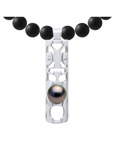 Collier TIKKI Perle de Tahiti Ronde 8-9 mm en Agate Noire Matte - Argent 925 - MOA