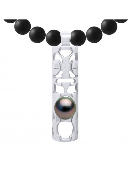 Collier TIKKI Perle de Tahiti Ronde 8-9 mm en Agate Noire Matte - Argent 925 - MOA