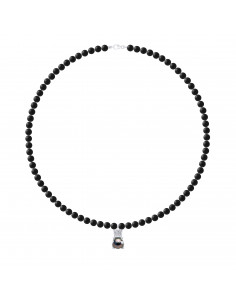 Tiki Pearl Necklace Tahiti Round 9-10 mm in Black Agate Matte - Silver 925 - Nui