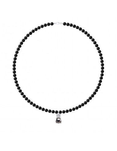 Collier TIKKI Perle de Tahiti Ronde 9-10 mm en Agate Noire Matte - Argent 925 - NUI
