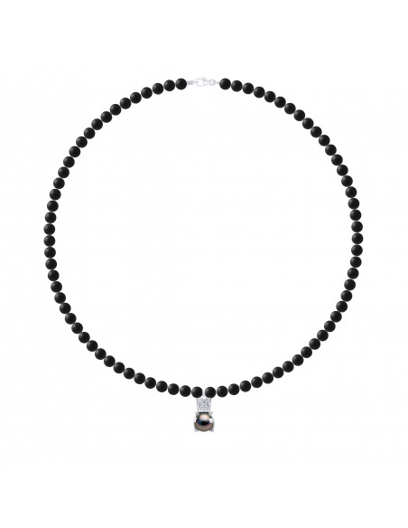Collier TIKKI Perle de Tahiti Ronde 9-10 mm en Agate Noire Matte - Argent 925 - NUI