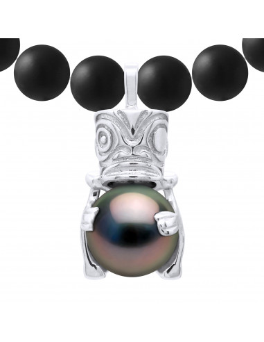 Collier TIKKI Perle de Tahiti Ronde 9-10 mm en Agate Noire Matte - Argent 925 - NUI